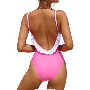 1 Piece Women's Swimsuit Cut Out Ruffled Open Back Pink Small Adjustable Straps